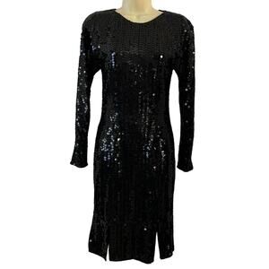 Maison Magique Vintage Black Sequin Dress Size Medium Flapper Art Deco Beaded